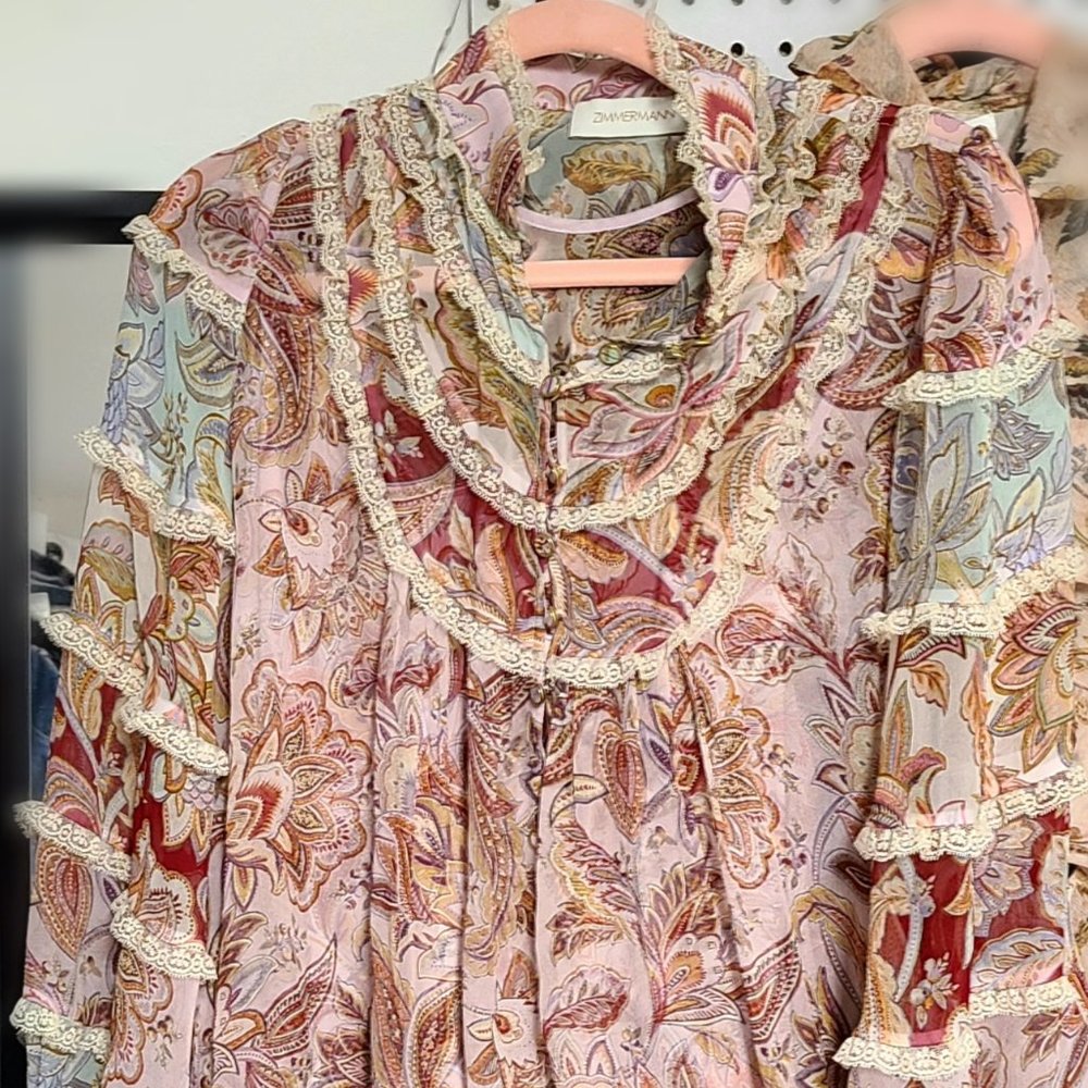 Zimmermann - Lace-trimmed Gathered Printed Silk-georgette Blouse